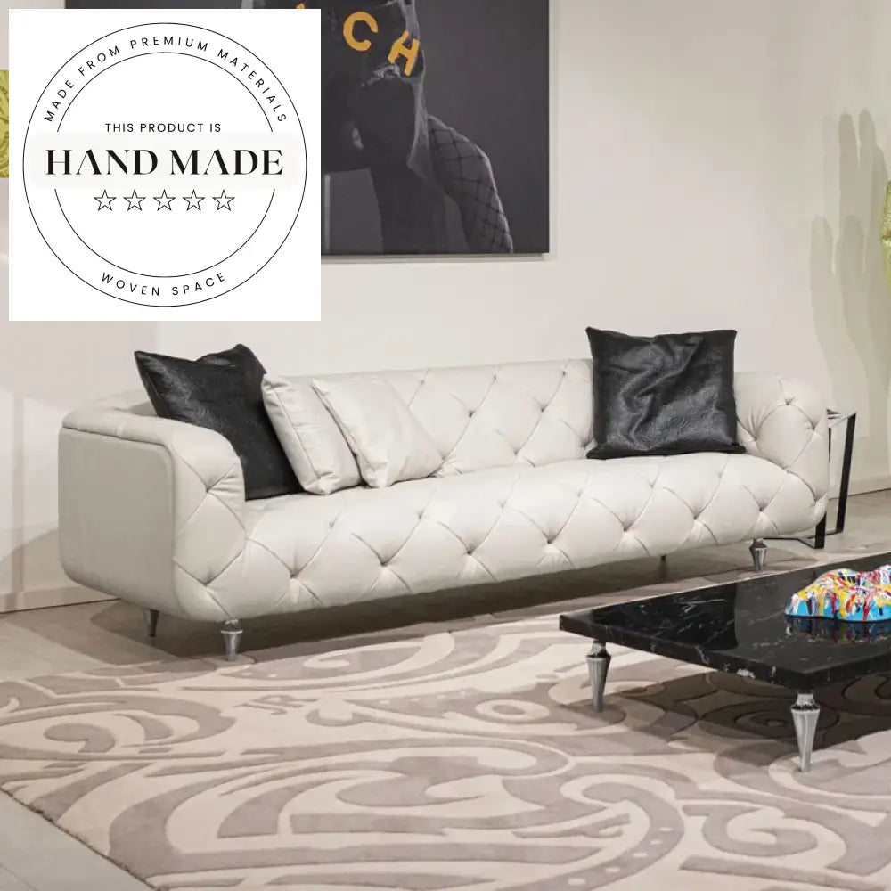 Modern White Genuine Leather Chesterfield 4-Seater Living Room Sofa
