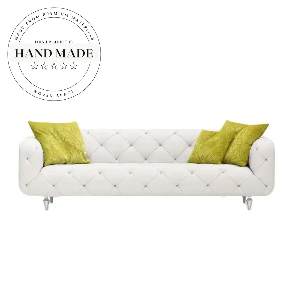 Modern White Genuine Leather Chesterfield 4-Seater Living Room Sofa