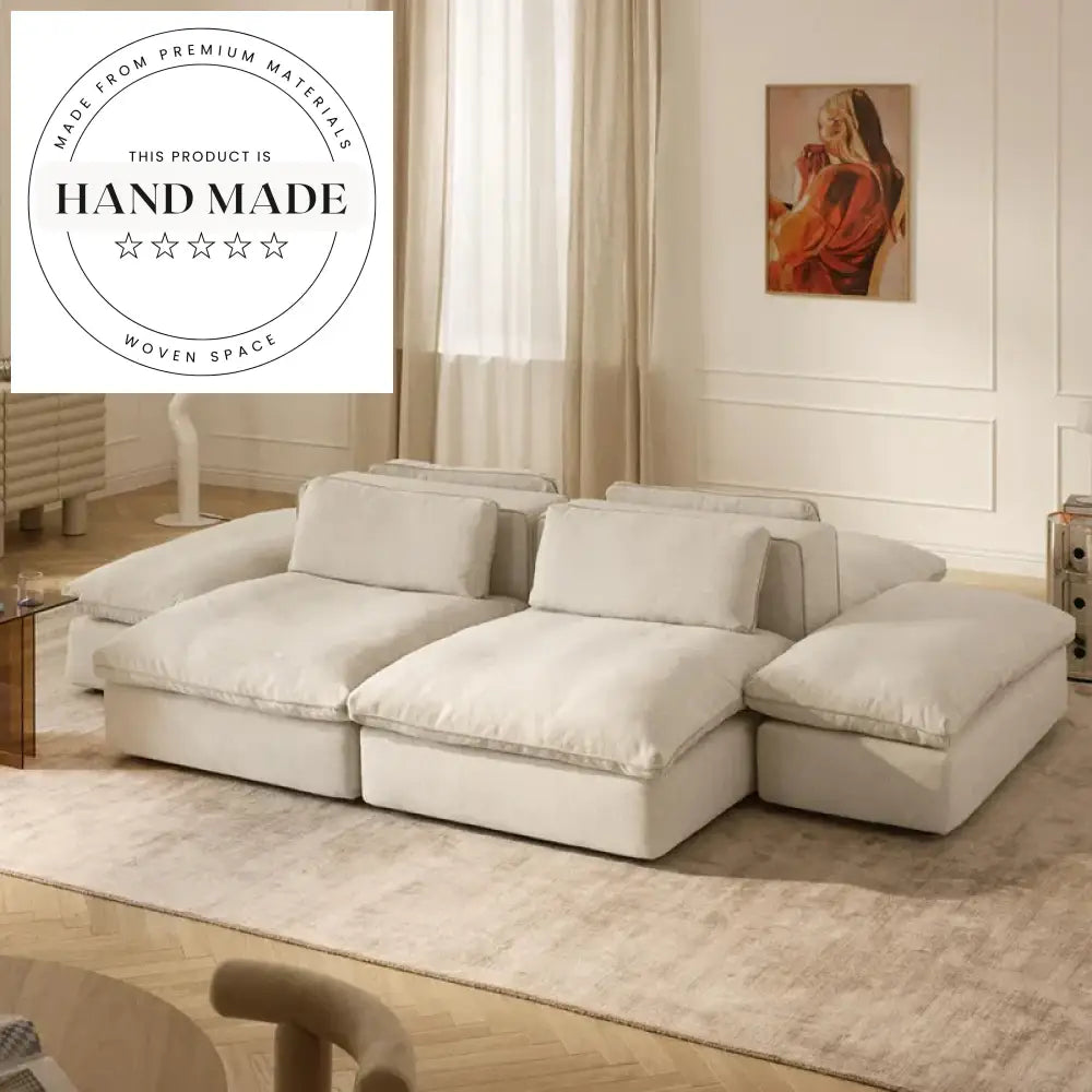 Modern White Linen Fabric Modular Cloud Sectional Living Room Sofa