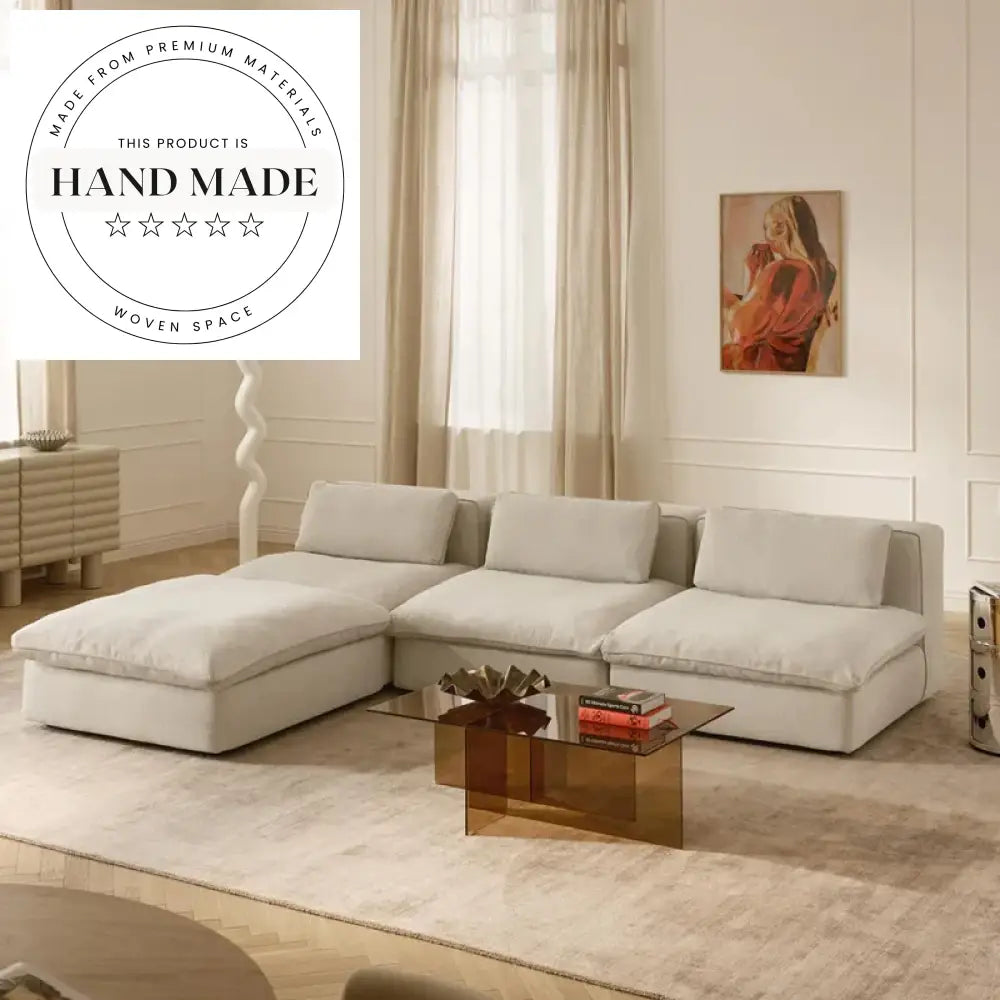 Modern White Linen Fabric Modular Cloud Sectional Living Room Sofa