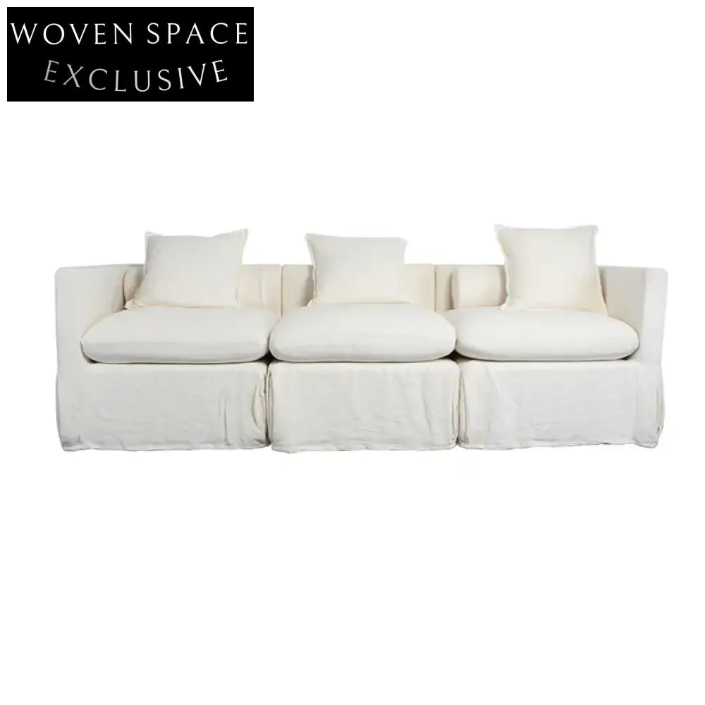 Elegant Modern White Slipcover Three-Seat Sofa Couch Set for Living Room