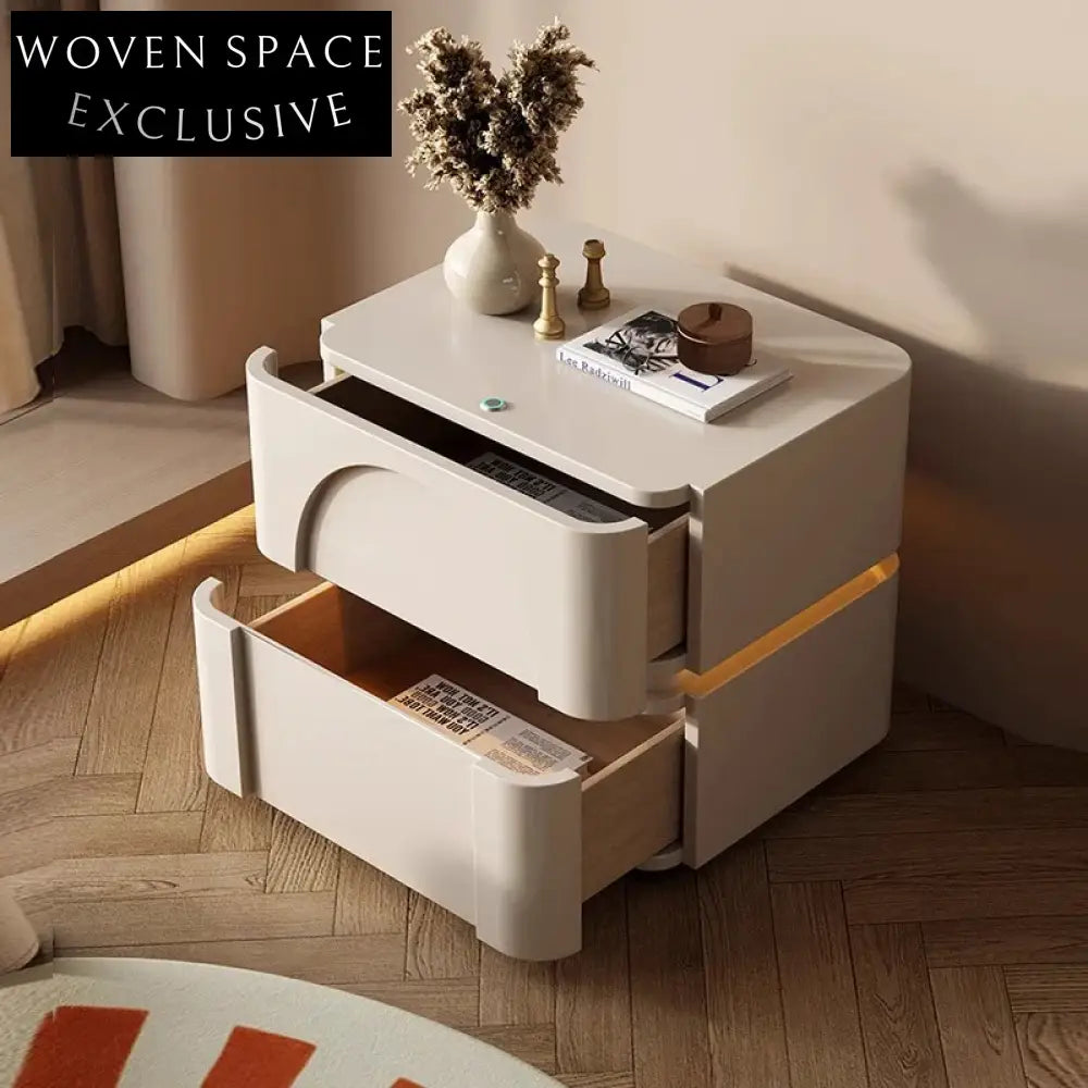 Modern White Solid Wood Two-Drawer LED Nightstand
