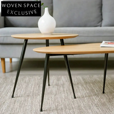 Modern Wood Oval Iron Frame Living Room Coffee Tea Table Set