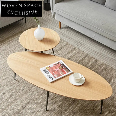 Modern Wood Oval Iron Frame Living Room Coffee Tea Table Set