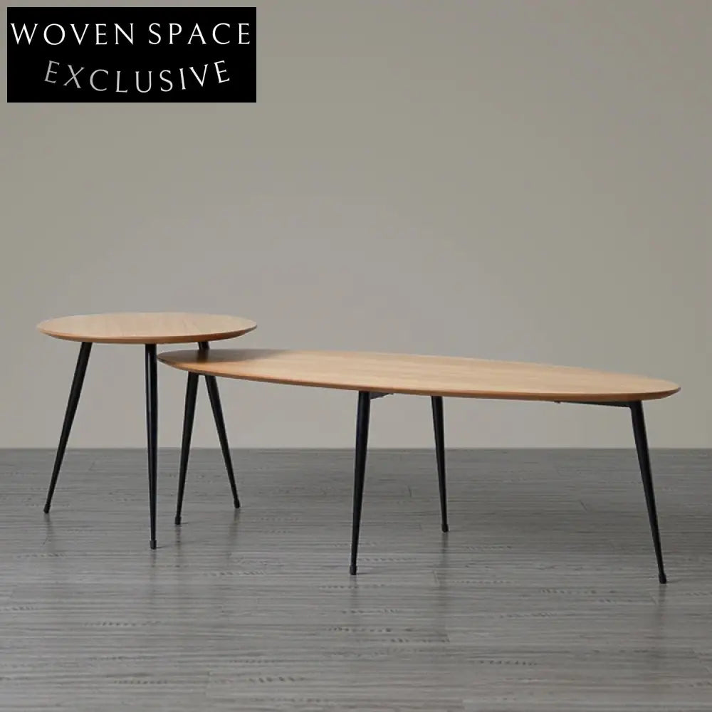 Modern Wood Oval Iron Frame Living Room Coffee Tea Table Set