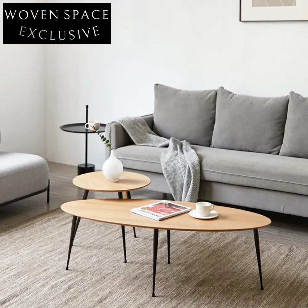 Modern Wood Oval Iron Frame Living Room Coffee Tea Table Set