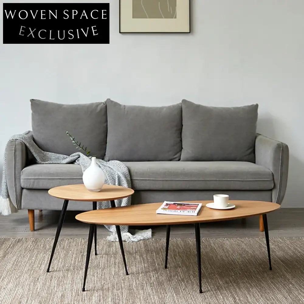 Modern Wood Oval Iron Frame Living Room Coffee Tea Table Set