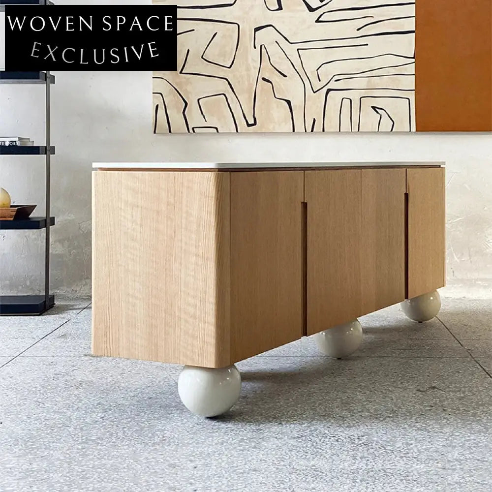 Modern Wood TV Display Stand with Round Ball Base, Living Room Cabinet