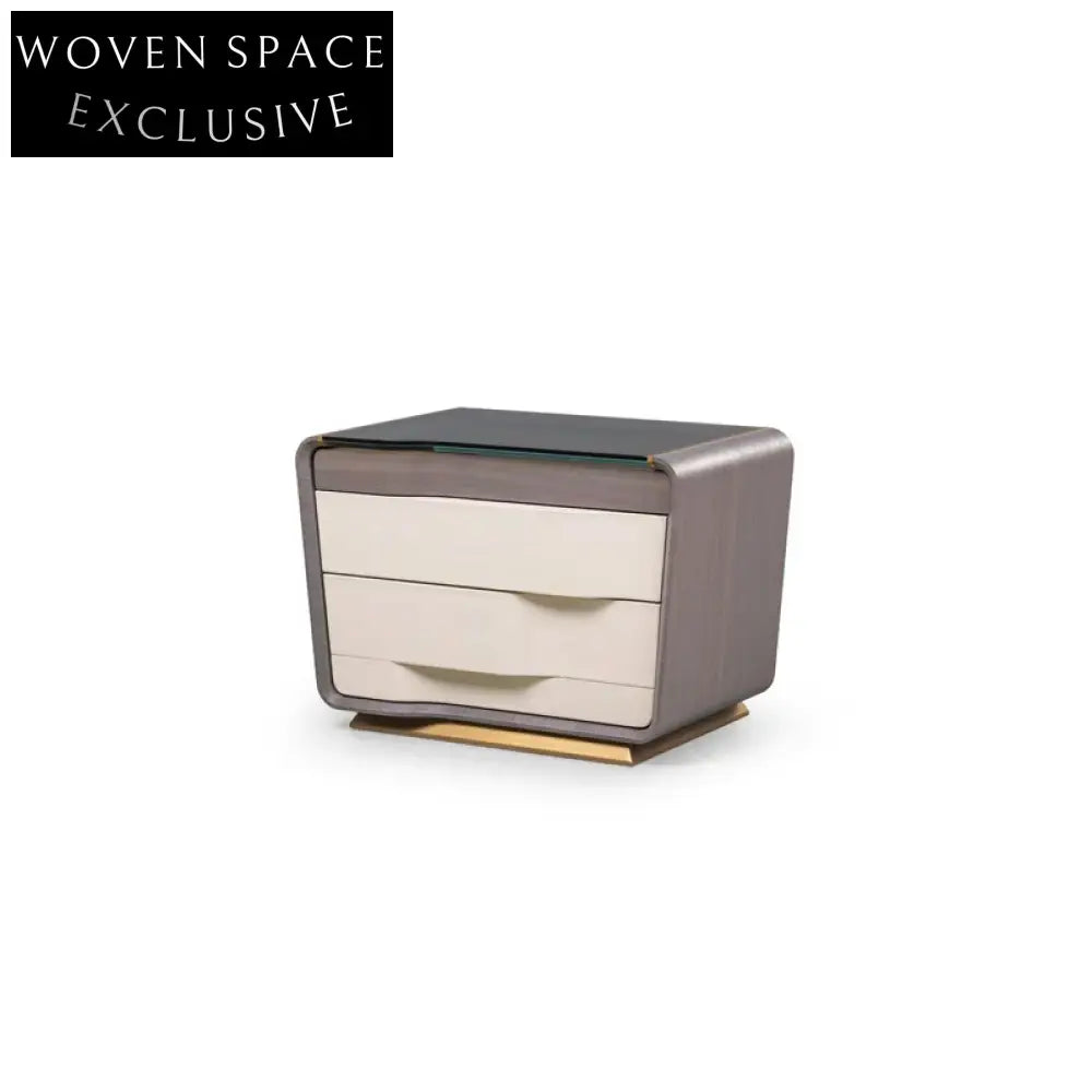 Modern Wooden Glass Top Minimalist Bedroom Nightstand with Storage Drawers