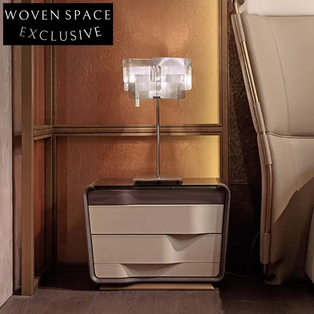 Modern Wooden Glass Top Minimalist Bedroom Nightstand with Storage Drawers