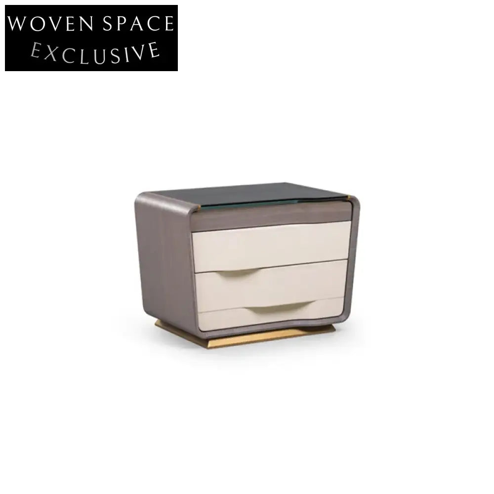 Modern Wooden Glass Top Minimalist Bedroom Nightstand with Storage Drawers