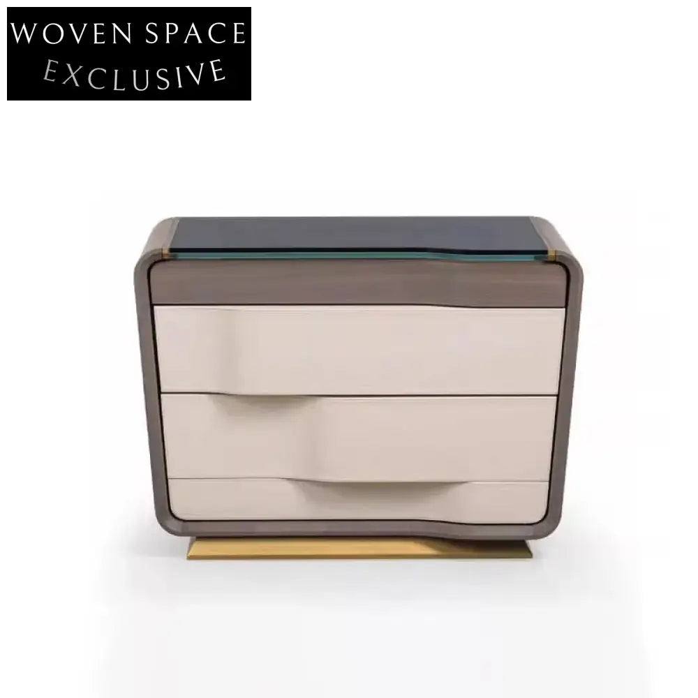 Modern Wooden Glass Top Minimalist Bedroom Nightstand with Storage Drawers