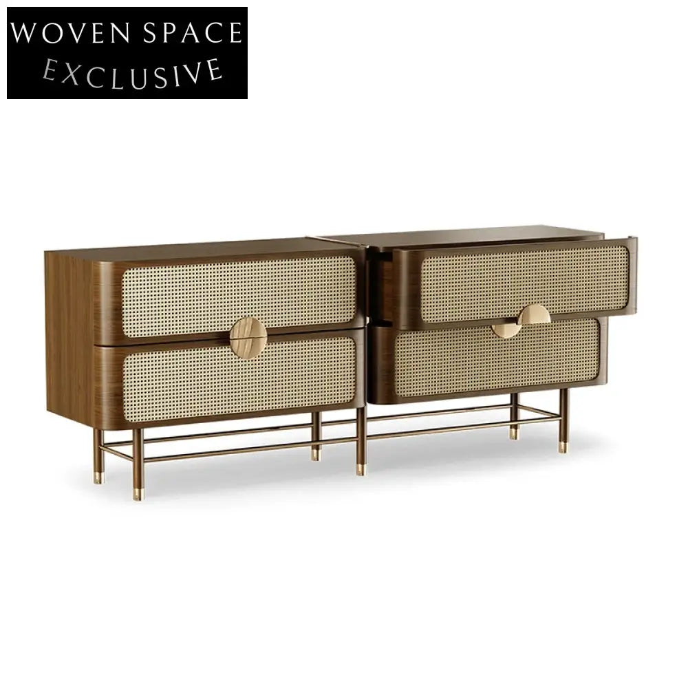 Modern Wooden Rattan Sideboard Cabinet with 4 Storage Drawers for Home