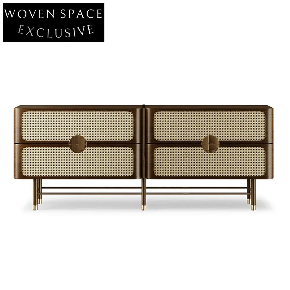 Modern Wooden Rattan Sideboard Cabinet with 4 Storage Drawers for Home