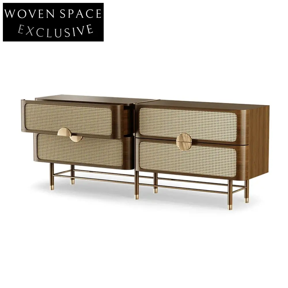 Modern Wooden Rattan Sideboard Cabinet with 4 Storage Drawers for Home