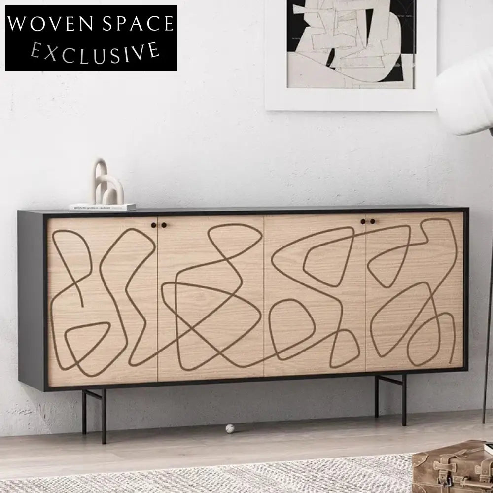 Modern Wooden Sideboard Cabinet with Black Metal Frame for Dining Room Storage