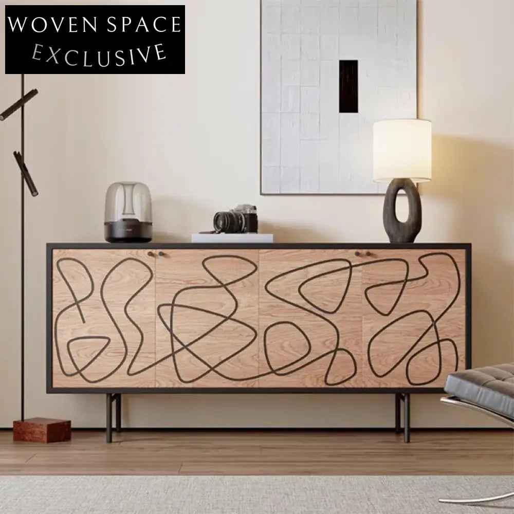 Modern Wooden Sideboard Cabinet with Black Metal Frame for Dining Room Storage