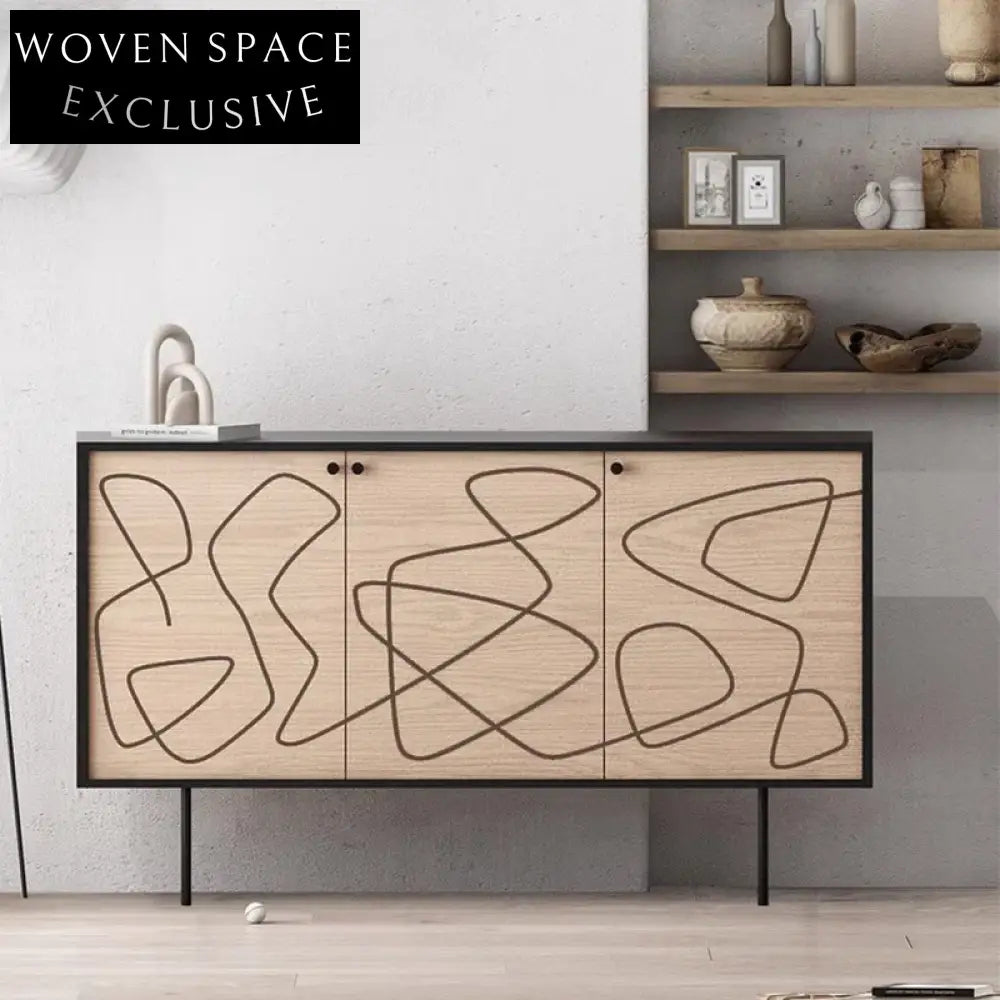Modern Wooden Sideboard Cabinet with Black Metal Frame for Dining Room Storage