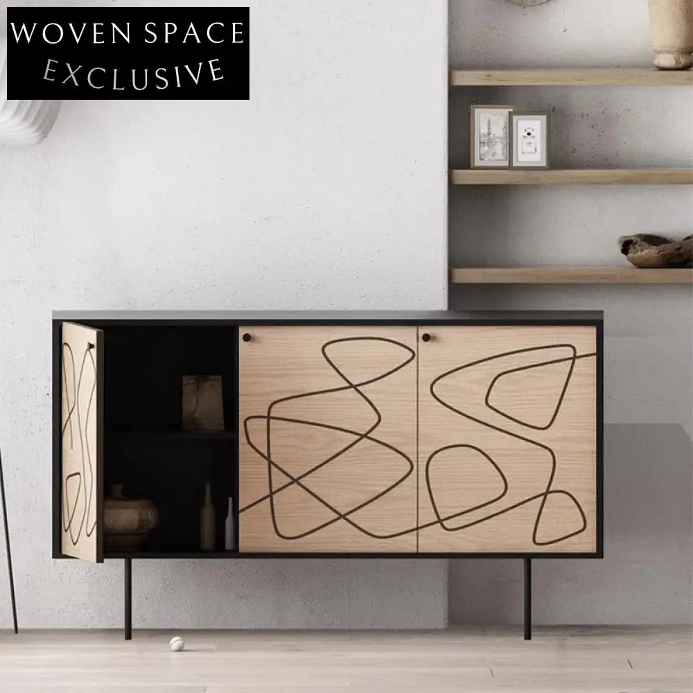 Modern Wooden Sideboard Cabinet with Black Metal Frame for Dining Room Storage