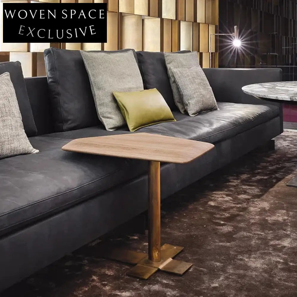 Modern Wooden Top Stainless Steel Adjustable Height C-Shape Sofa Side Coffee Table