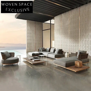 Modern Woven Rope Outdoor Patio Sofa Set with Aluminum Frame & Cushions