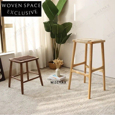 Natural Ash Wood Rattan Weave Small Stool - Vintage Footstool for Living Rooms