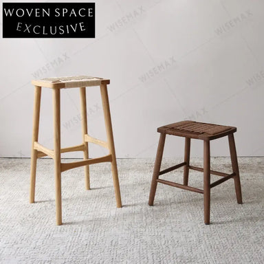 Natural Ash Wood Rattan Weave Small Stool - Vintage Footstool for Living Rooms