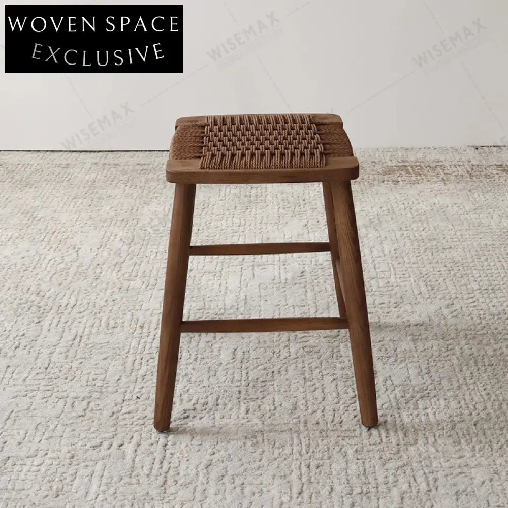 Natural Ash Wood Rattan Weave Small Stool - Vintage Footstool for Living Rooms