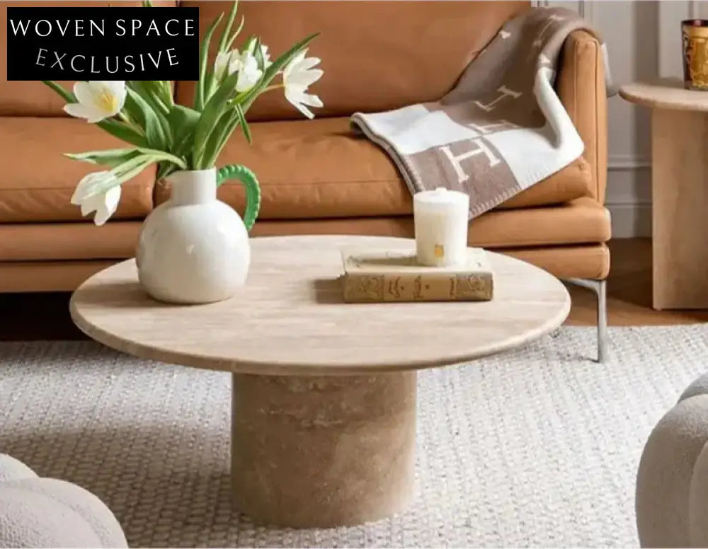 Premium Solid Natural Beige Travertine Round Coffee Table for Chic Interiors