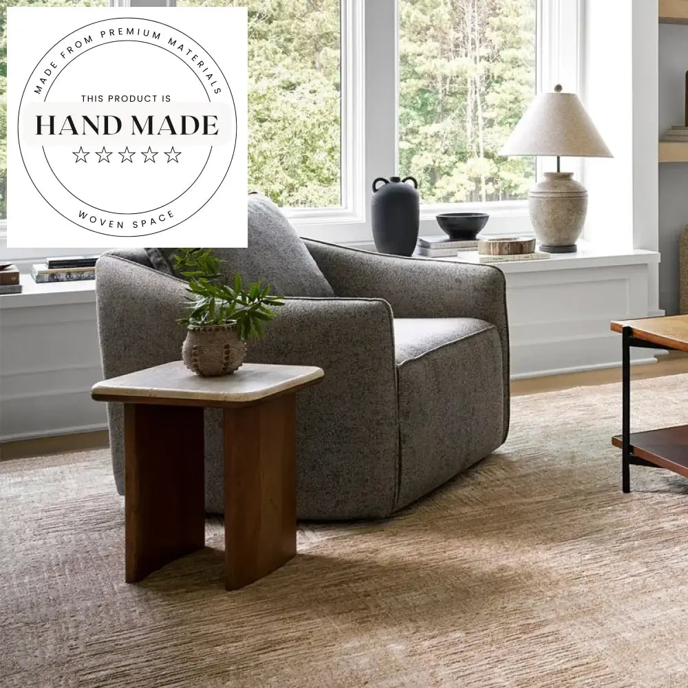 Natural Travertine Marble and Solid Wood Living Room Side Table