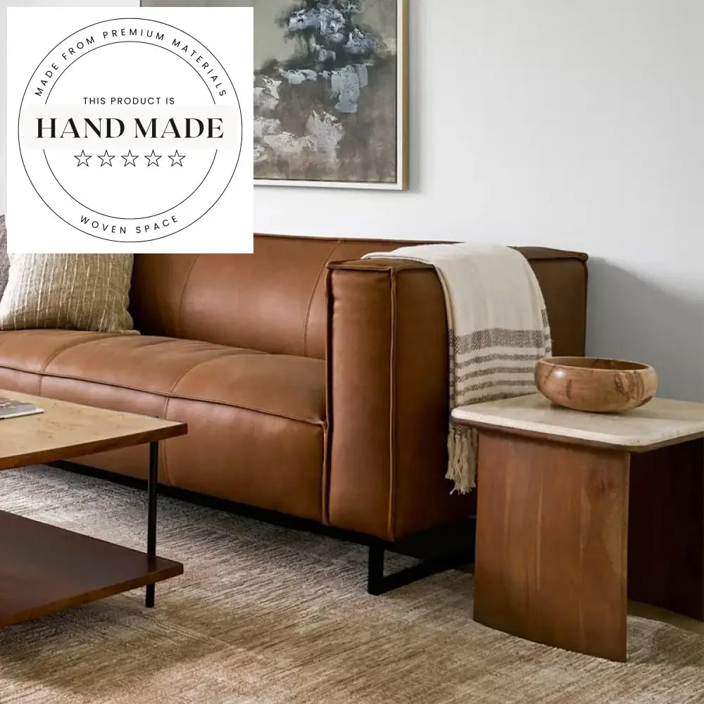 Natural Travertine Marble and Solid Wood Living Room Side Table