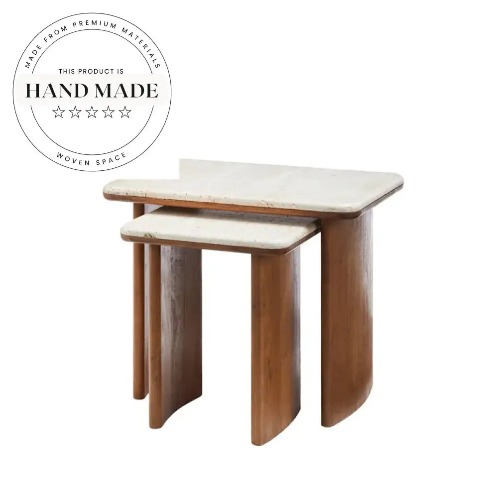 Natural Travertine Marble and Solid Wood Living Room Side Table