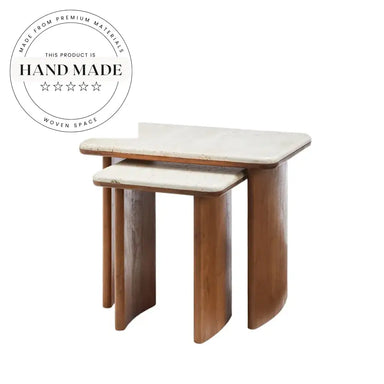 Natural Travertine Marble and Solid Wood Living Room Side Table