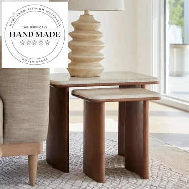 Natural Travertine Marble and Solid Wood Living Room Side Table