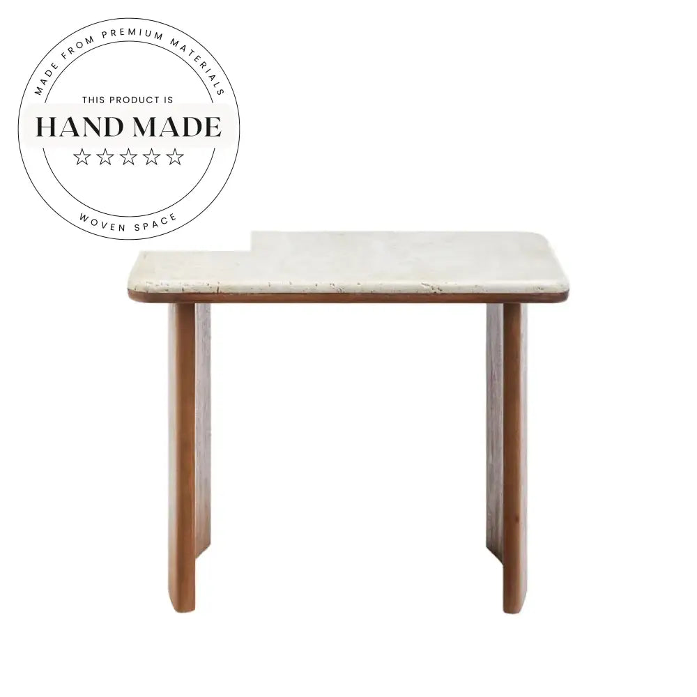 Natural Travertine Marble and Solid Wood Living Room Side Table