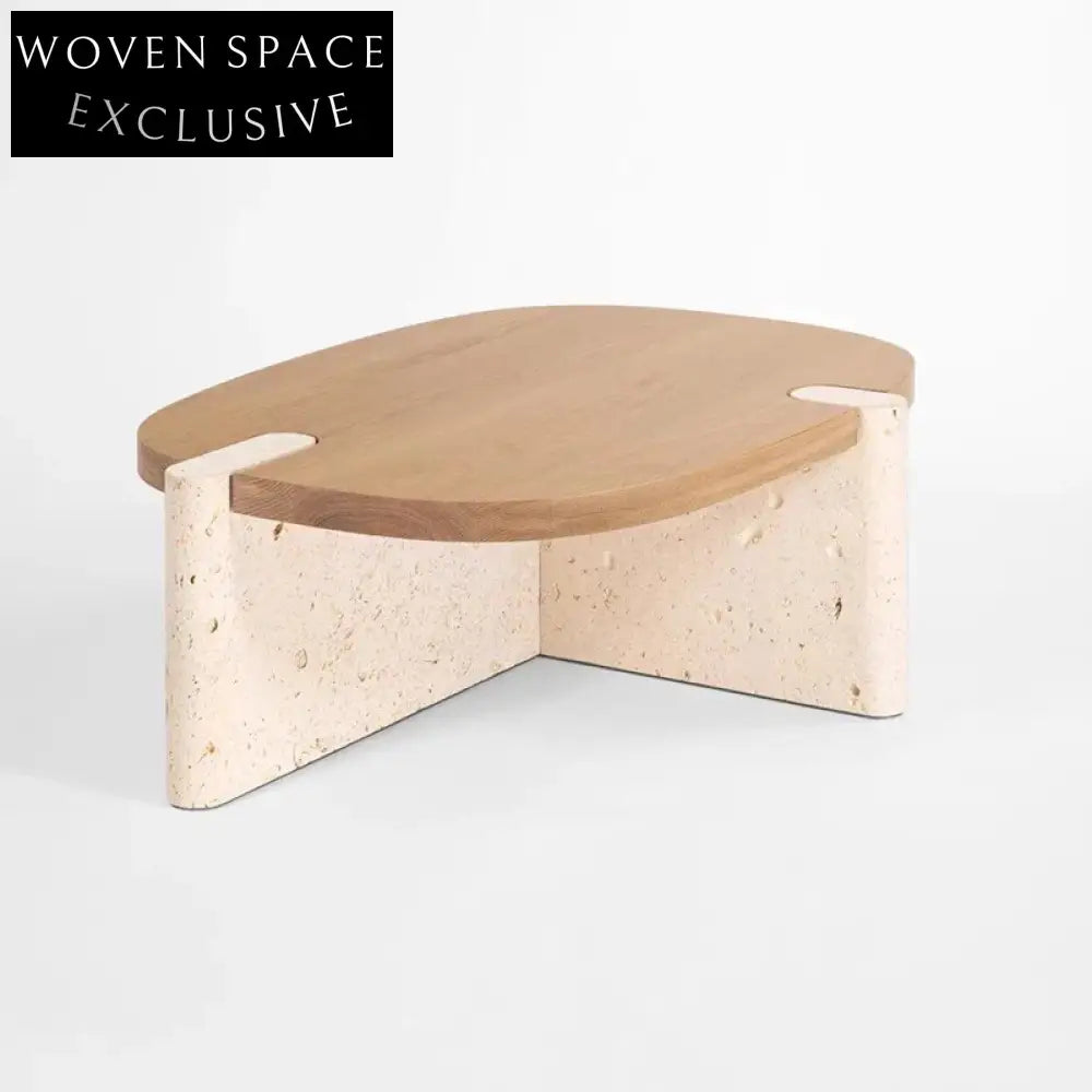 Natural Travertine Stone Solid Wood Top Modern Living Room Coffee Table Set