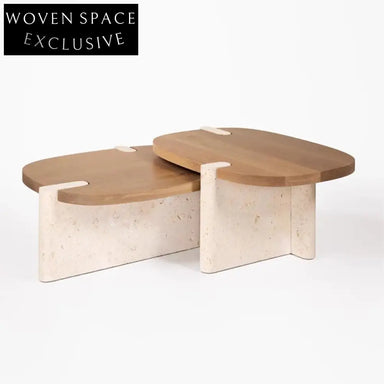 Natural Travertine Stone Solid Wood Top Modern Living Room Coffee Table Set