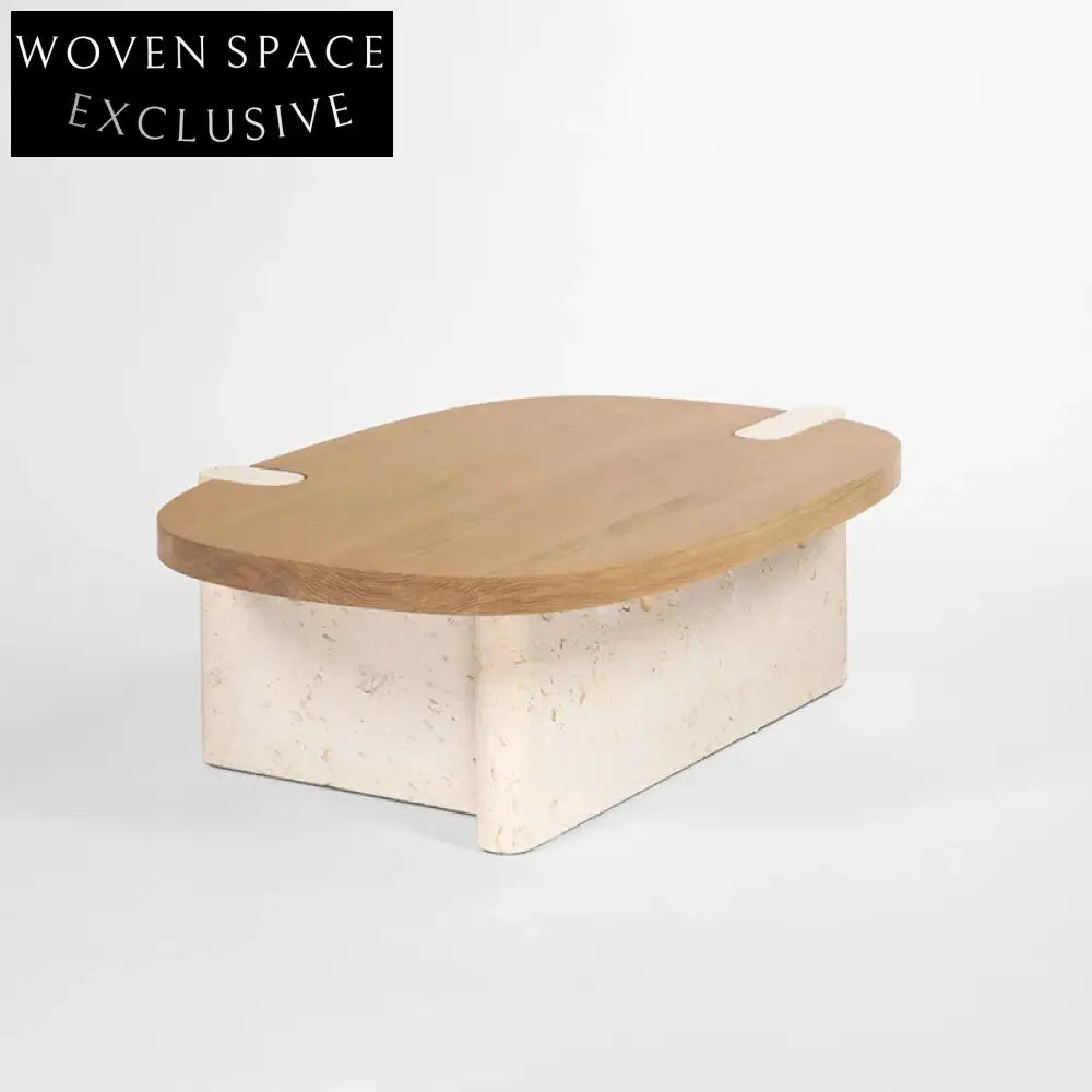 Natural Travertine Stone Solid Wood Top Modern Living Room Coffee Table Set