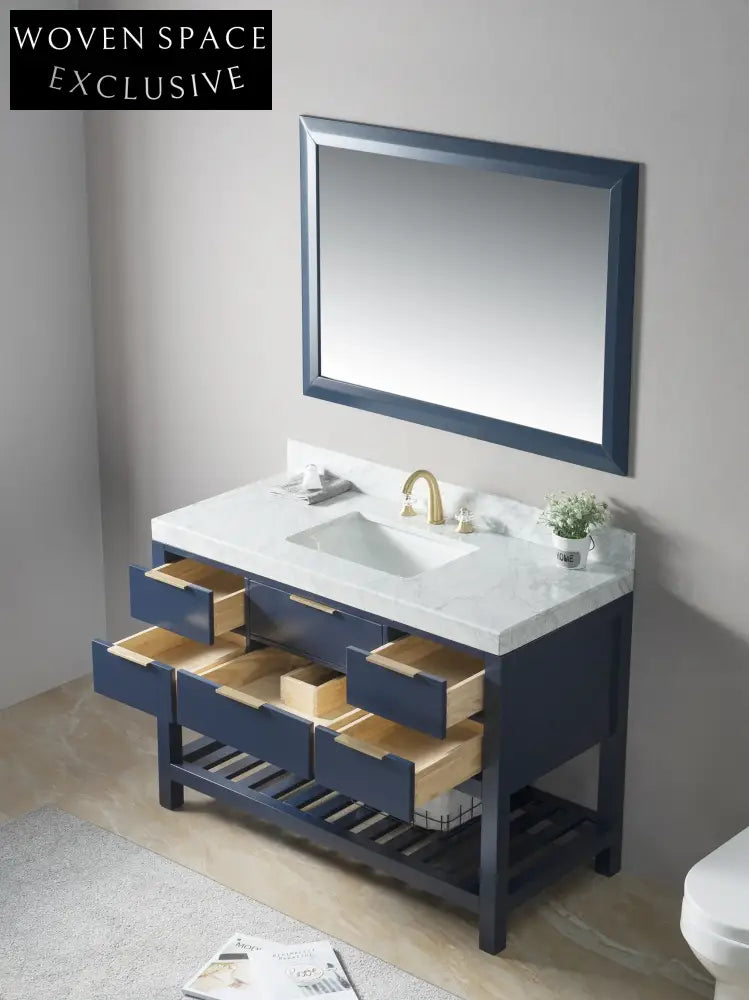 Navy Blue Modern Tall Bathroom Vanity Cabinet with Soft-Close Drawers