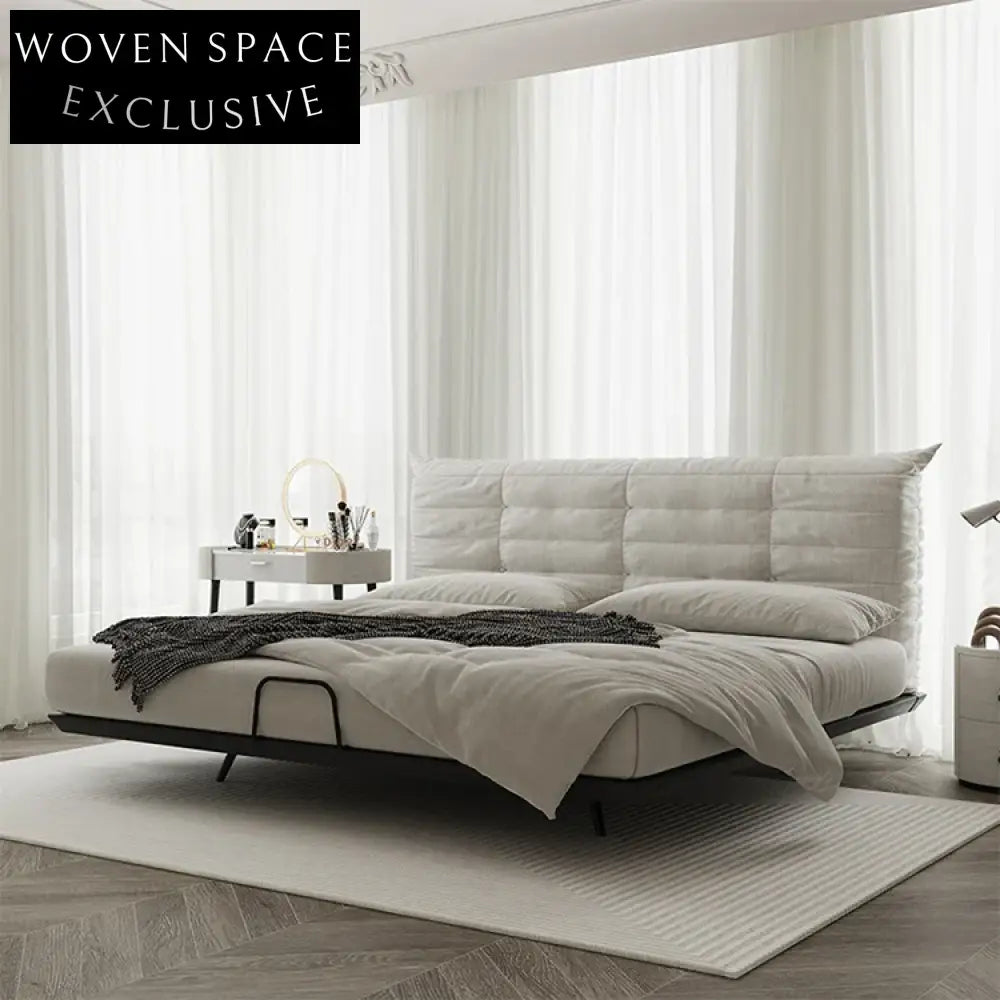 Nordic Ash Wood Linen Fabric Double Bedroom Bed with Modern Carbon Legs