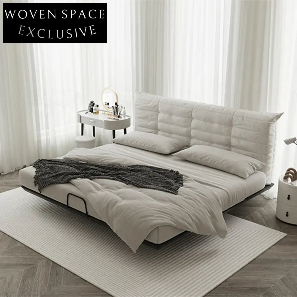 Nordic Ash Wood Linen Fabric Double Bedroom Bed with Modern Carbon Legs