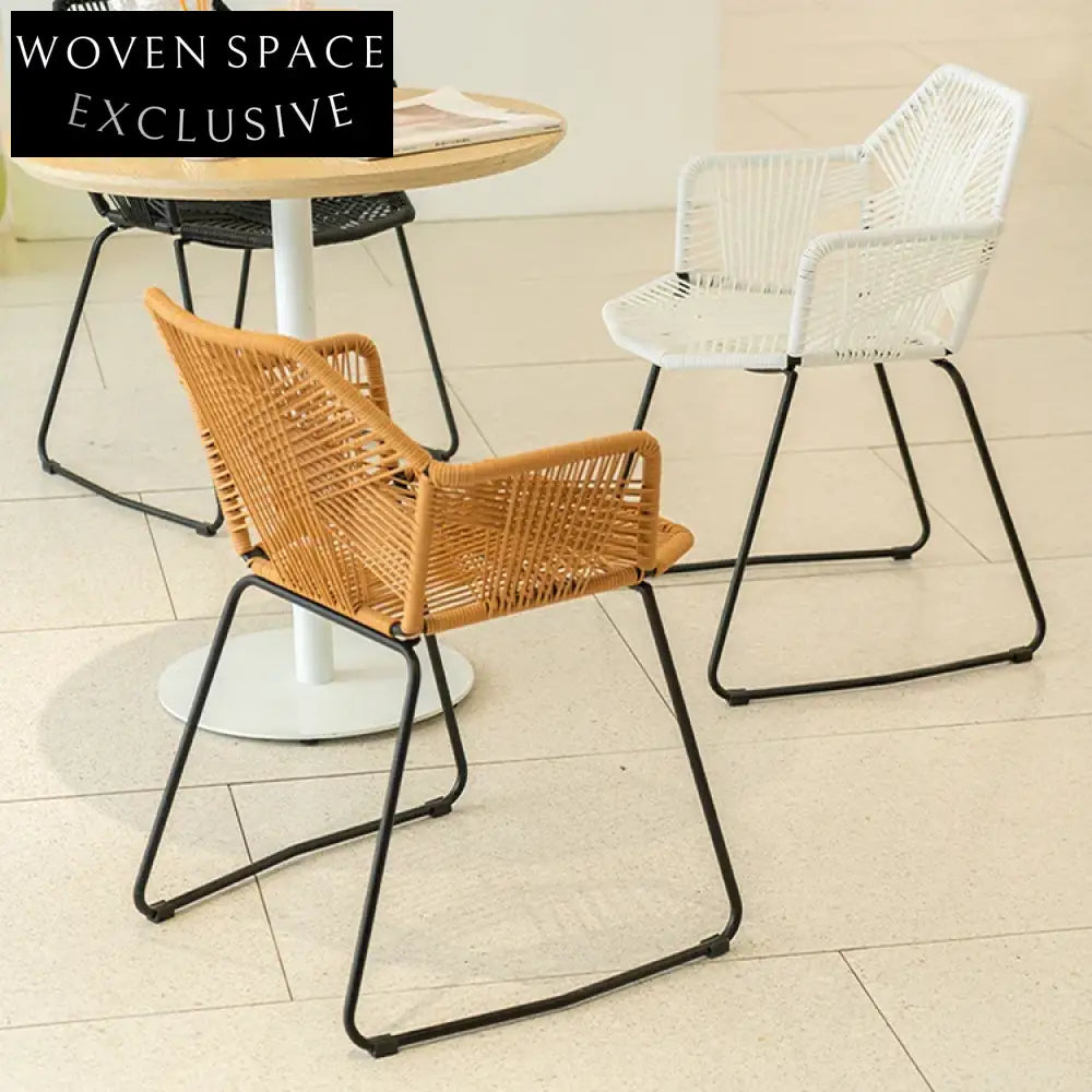 Nordic Cafe Style Metal PE Rattan Armrest Indoor Outdoor Dining Chair