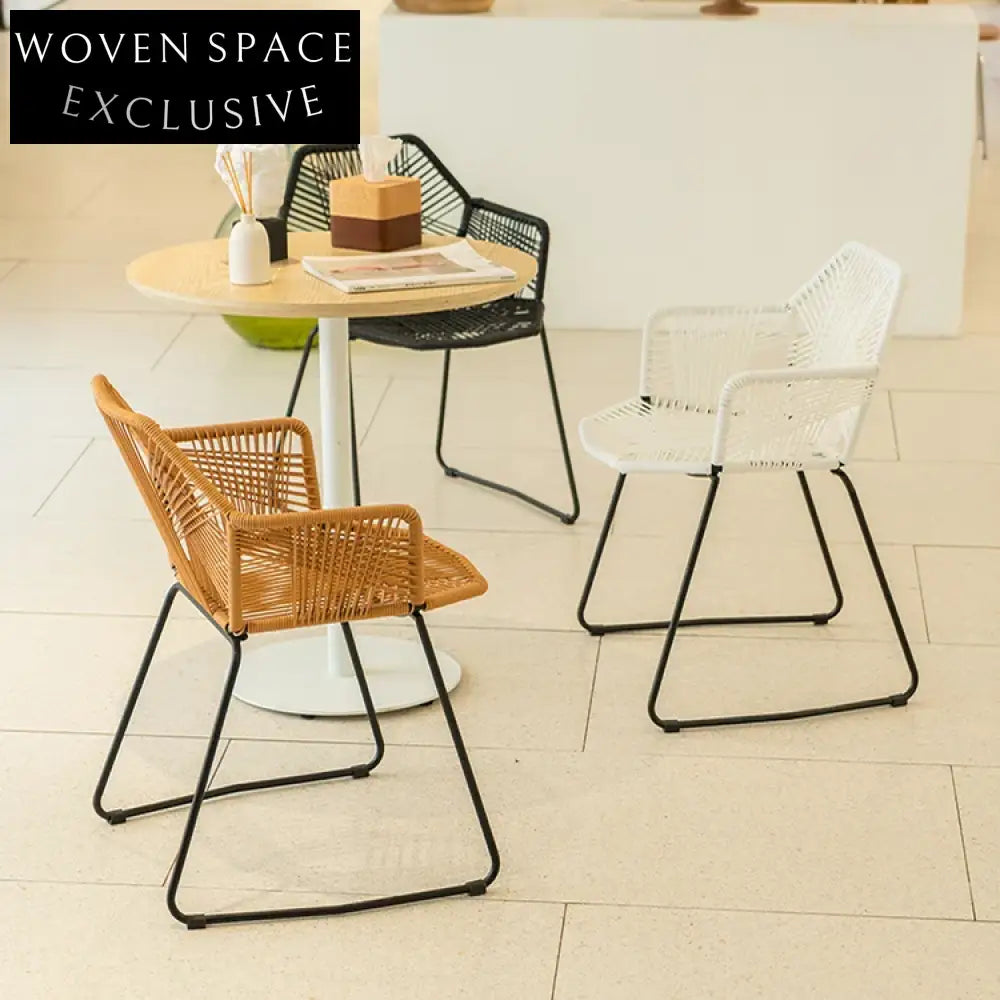 Nordic Cafe Style Metal PE Rattan Armrest Indoor Outdoor Dining Chair