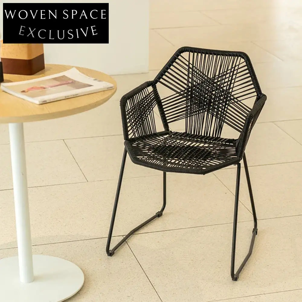 Nordic Cafe Style Metal PE Rattan Armrest Indoor Outdoor Dining Chair