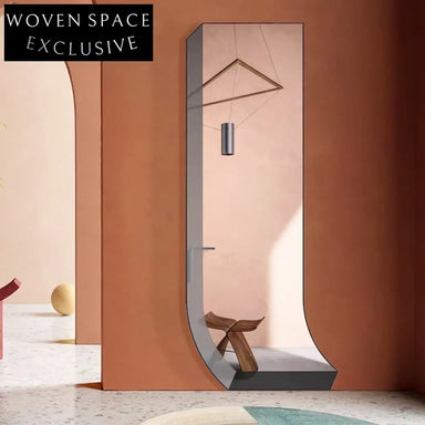 Nordic Irregular J-Shape Full-Length Wood Frame Wall Mirror for Modern Home Decor