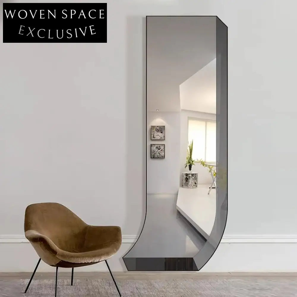 Nordic Irregular J-Shape Full-Length Wood Frame Wall Mirror for Modern Home Decor