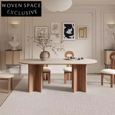 Nordic Japandi Solid Wood Oval Travertine Slate Top Elegant Dining Table