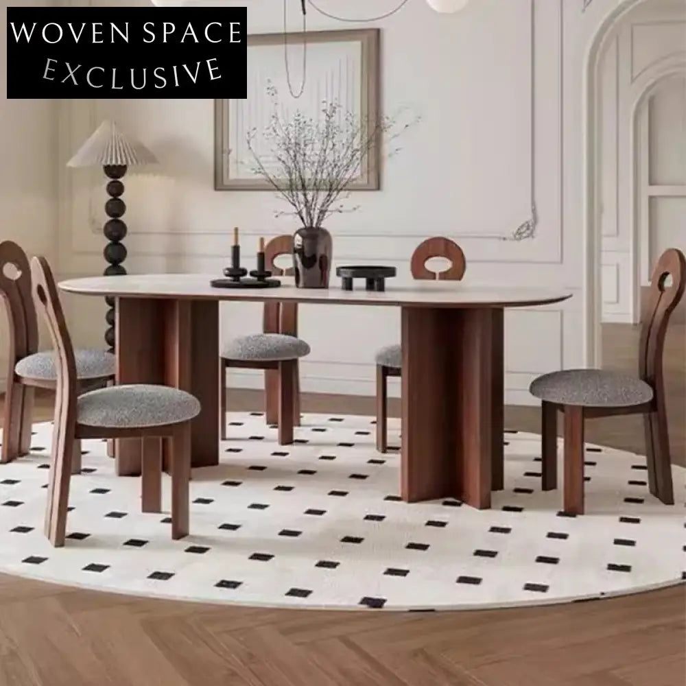 Nordic Japandi Solid Wood Oval Travertine Slate Top Elegant Dining Table