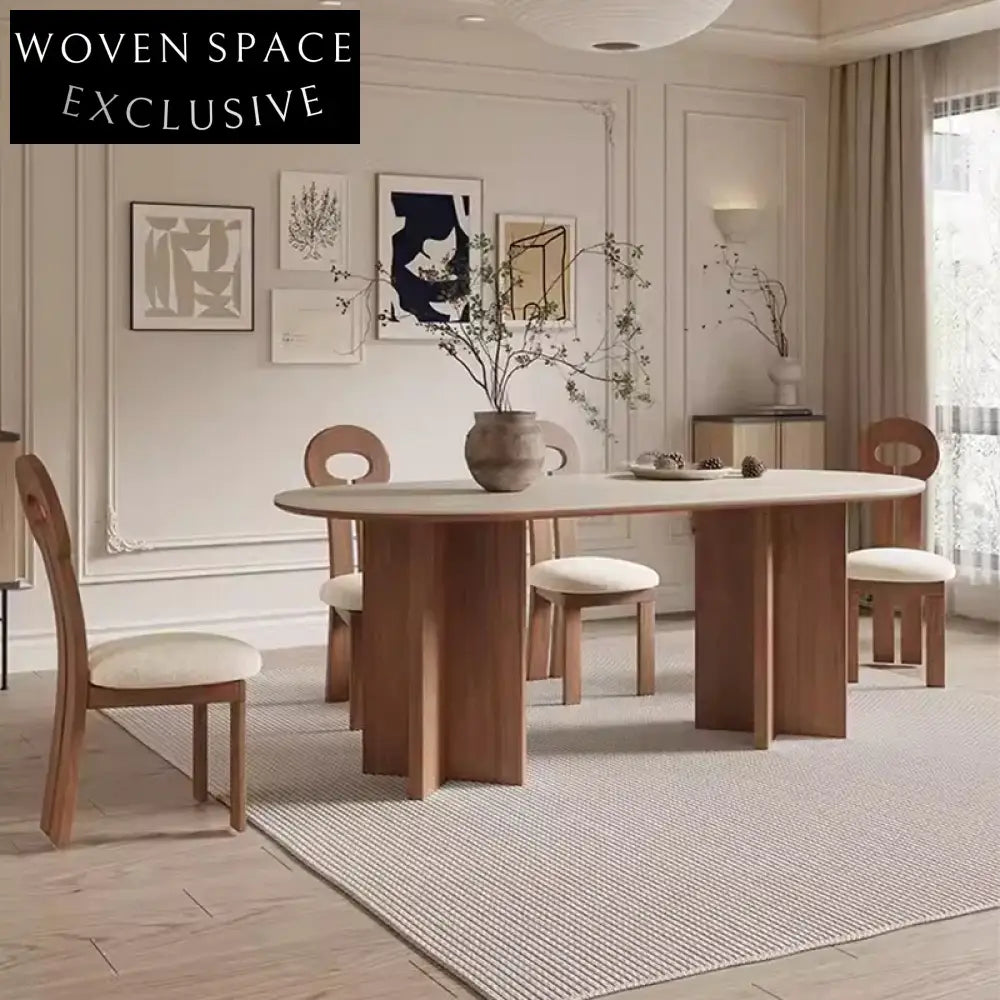 Nordic Japandi Solid Wood Oval Travertine Slate Top Elegant Dining Table