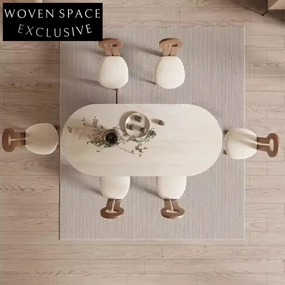 Nordic Japandi Solid Wood Oval Travertine Slate Top Elegant Dining Table